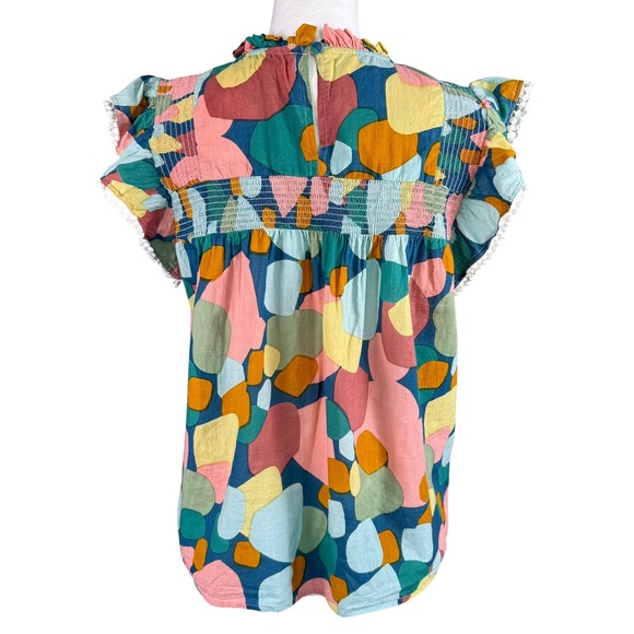 THML Abstract Geometric Flutter Sleeve Smocked Top Pom Pom Trim SRT1522-2-BL M - Picture 3 of 11